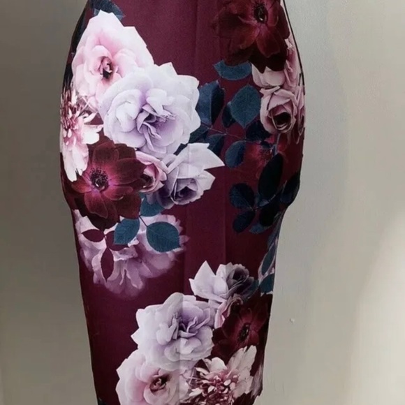 Quiz Floral Dress Wrap Front Berry & Teal Stretch V-Neck Cap Sleeves Big Collar - Picture 7 of 11